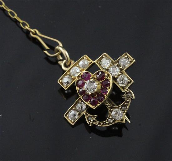 A late Victorian gold, ruby and diamond set sweethearts pendant brooch, 0.75in excl. bale.